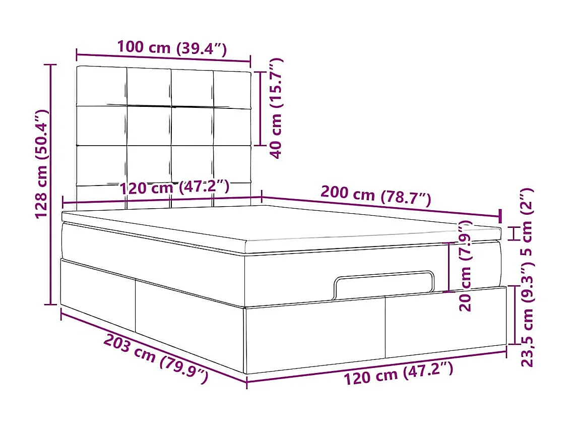 Cadre de lit ottoman avec matelas noir 120x200cm tissu