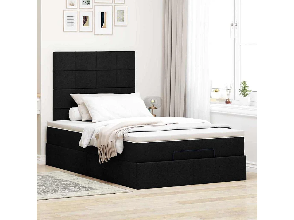 Cadre de lit ottoman avec matelas noir 120x200cm tissu