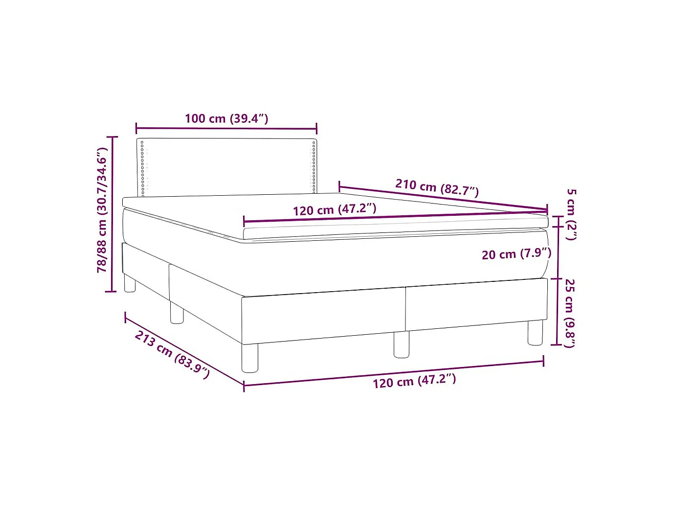 Cama box spring c/ colchão e LED 120x210 cm veludo preto