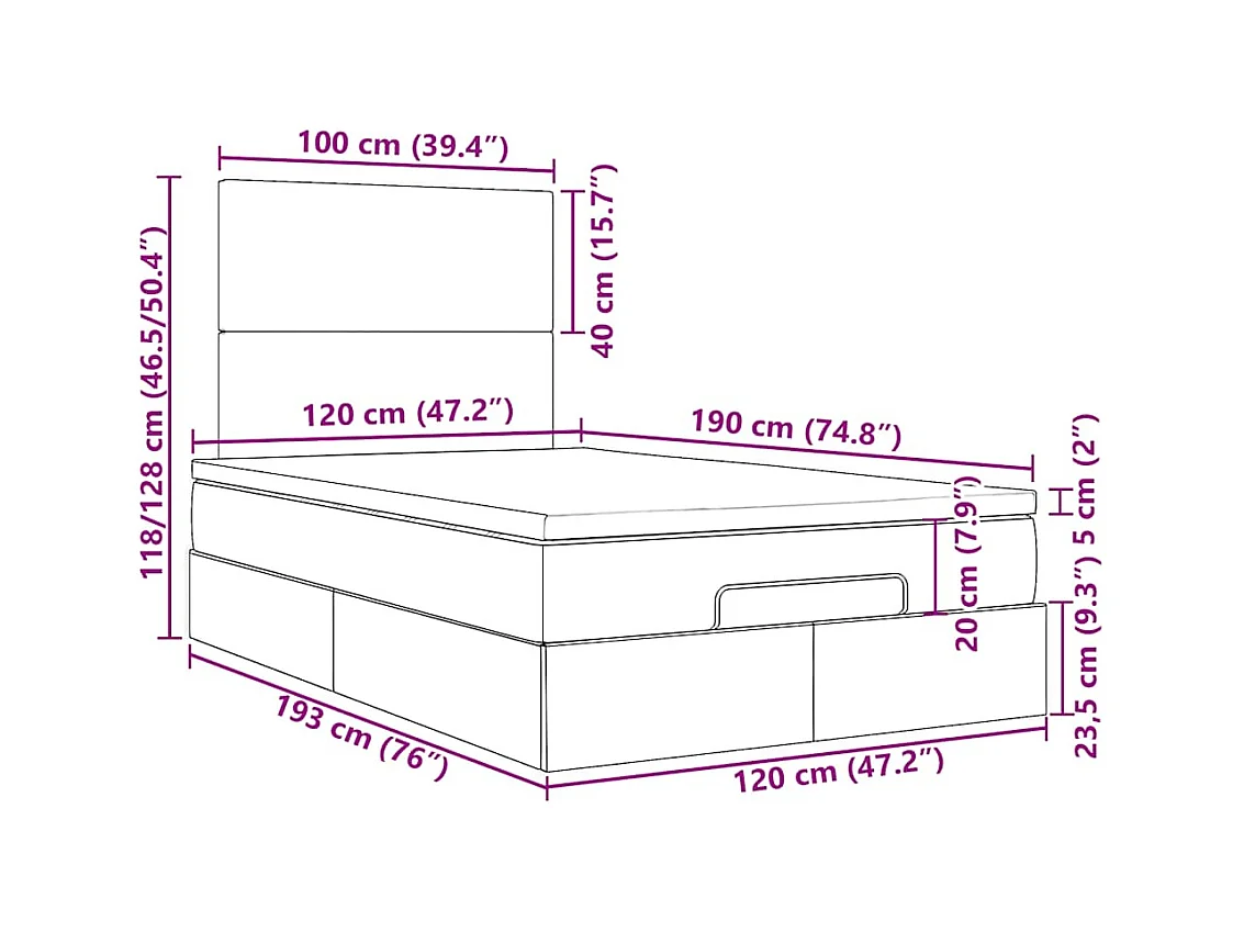Cadre de lit ottoman avec matelas marron foncé 120x190 cm tissu