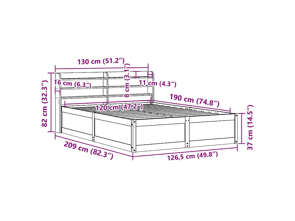 Cadre de lit avec tête de lit cire marron 120x190cm bois de pin