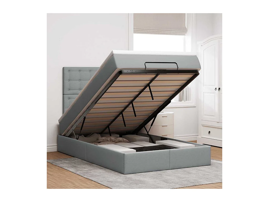 Cadre de lit ottoman et matelas gris clair 120x200 cm tissu