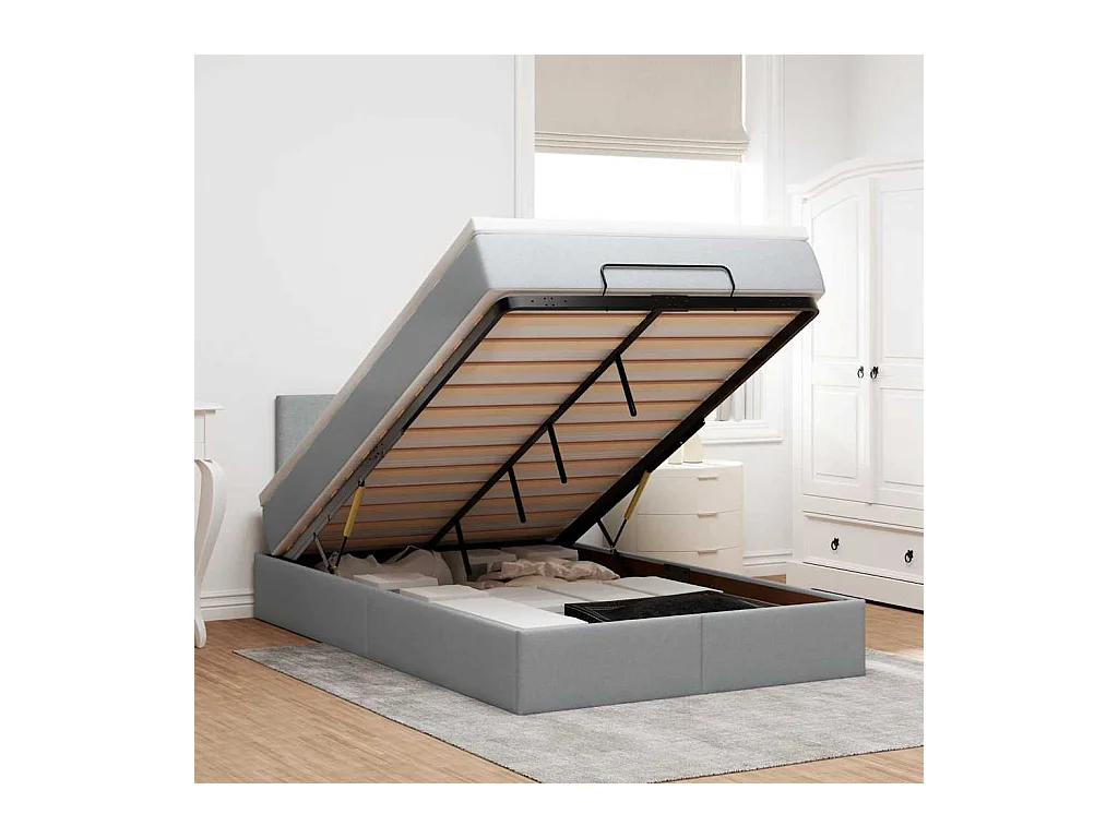 Ottoman-Bett mit Matratze & LEDs Hellgrau 120x190 cm Stoff