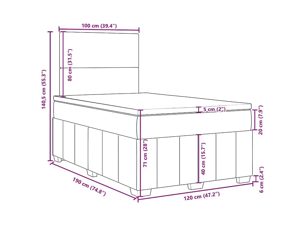 Cama boxspring c/ colchão 120x190cm tecido castanho-acinzentado