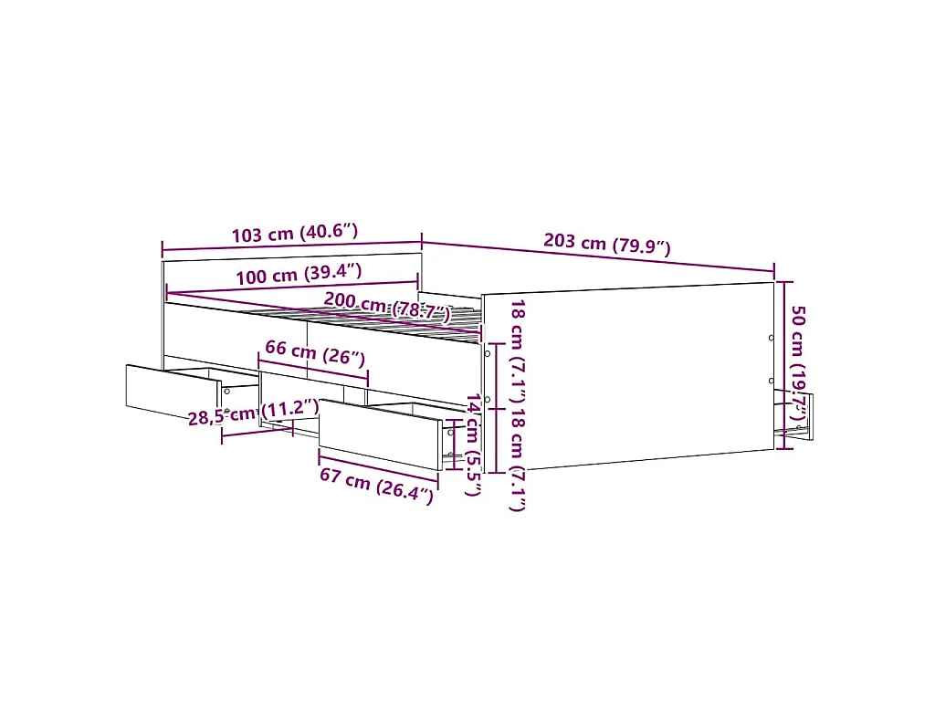 Struttura del letto con cassetto Rovere Nero 203 x 103 x 50 cm