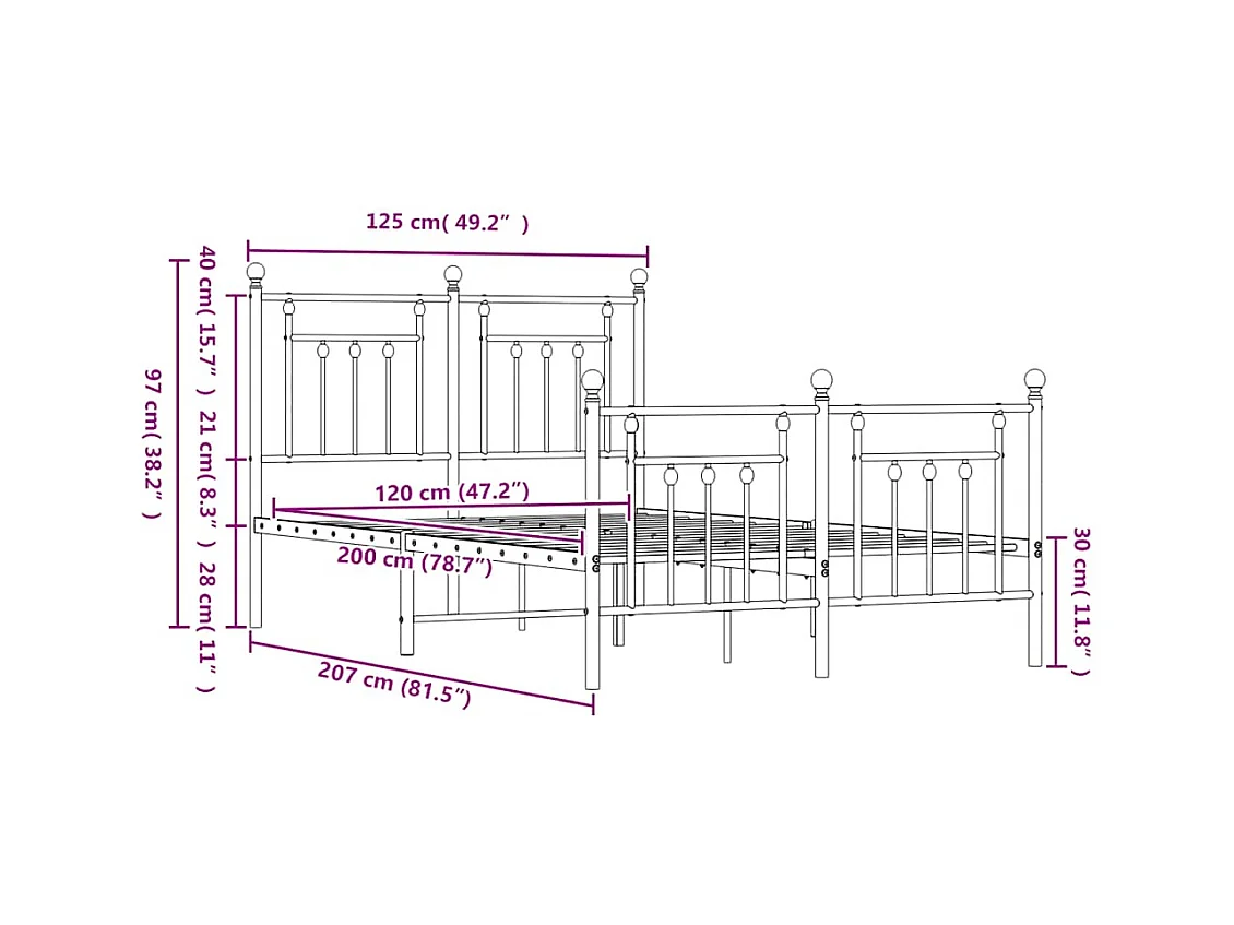 Cadre de lit métal sans matelas et pied de lit blanc 120x200 cm