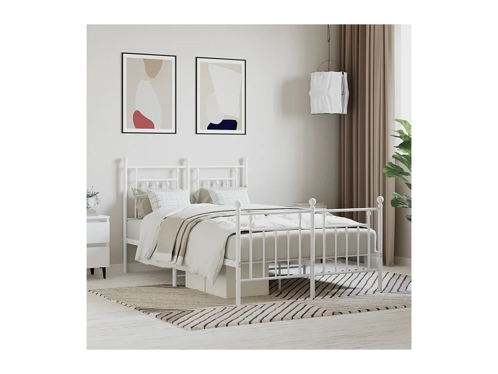 Cadre de lit métal sans matelas et pied de lit blanc 120x200 cm