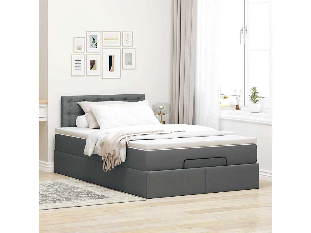 Lit ottoman avec matelas et LED gris foncé 120x200 cm tissu