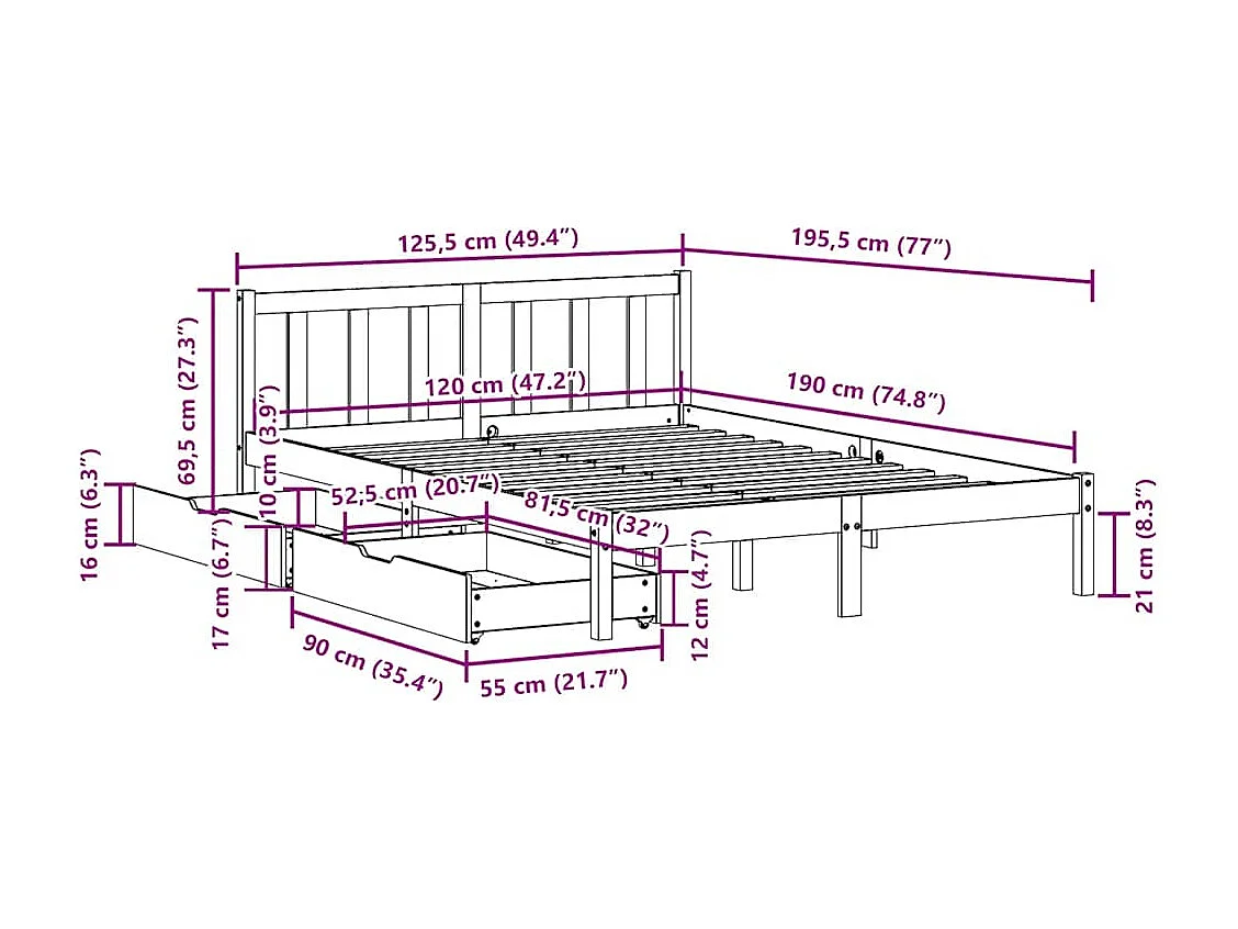 Bedframe zonder matras massief grenenhout wasbruin 120x190 cm