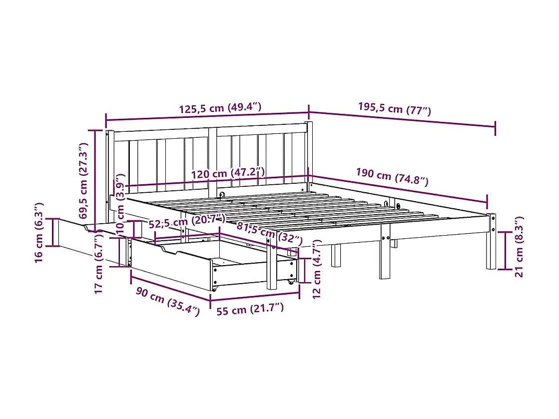 Bedframe zonder matras massief grenenhout 120x190 cm