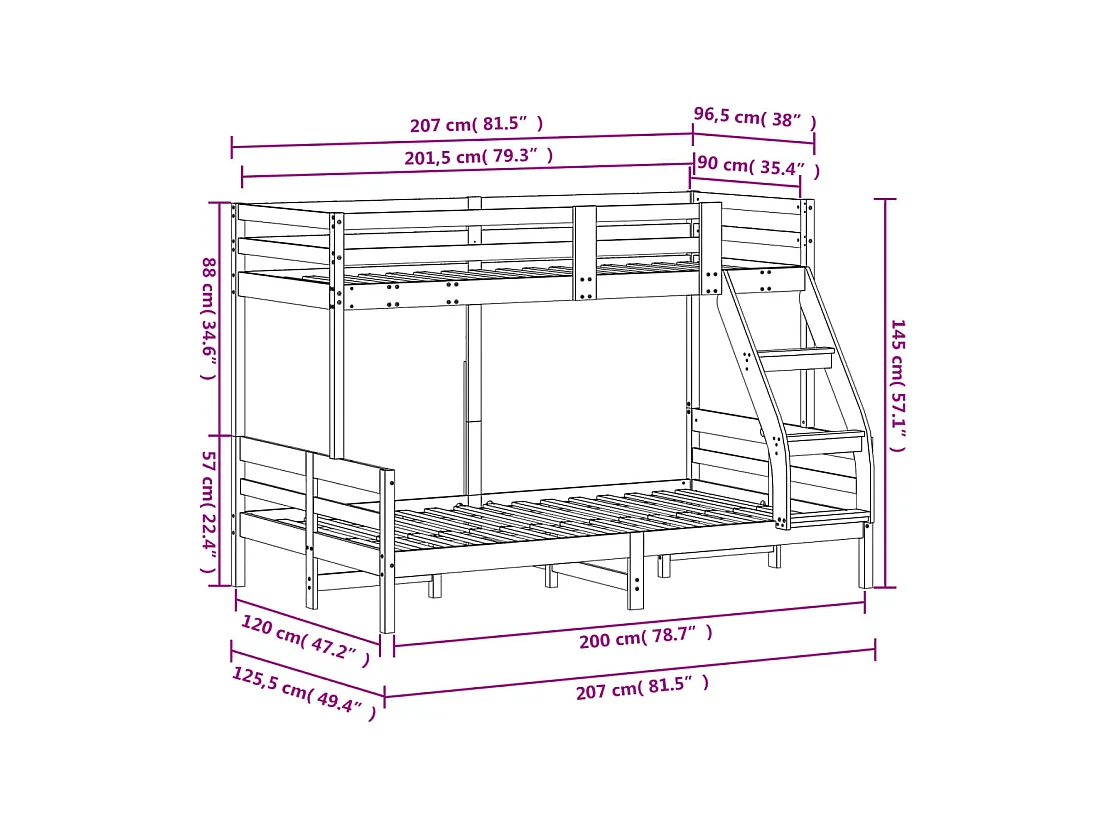 Etagenbett 90x200/120x200 cm Wachsbraun Massivholz Kiefer