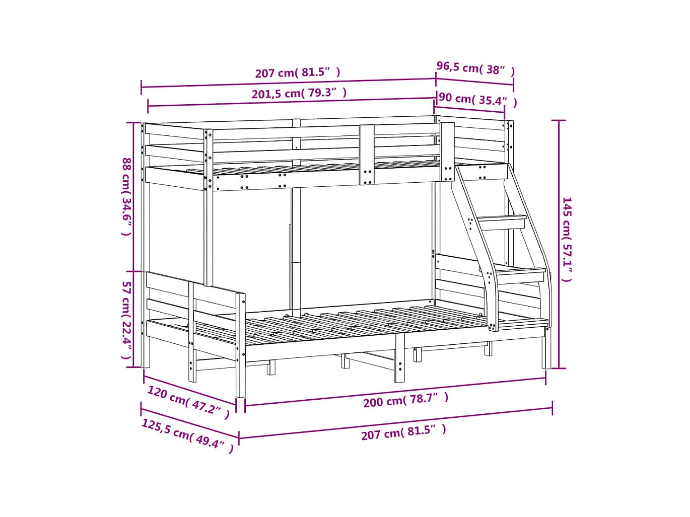 Etagenbett 90x200/120x200 cm Wachsbraun Massivholz Kiefer
