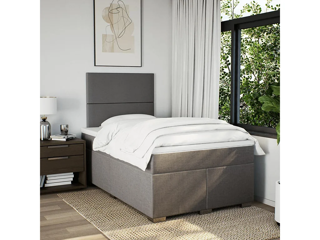 Cama box spring con colchón tela gris taupe 120x190 cm