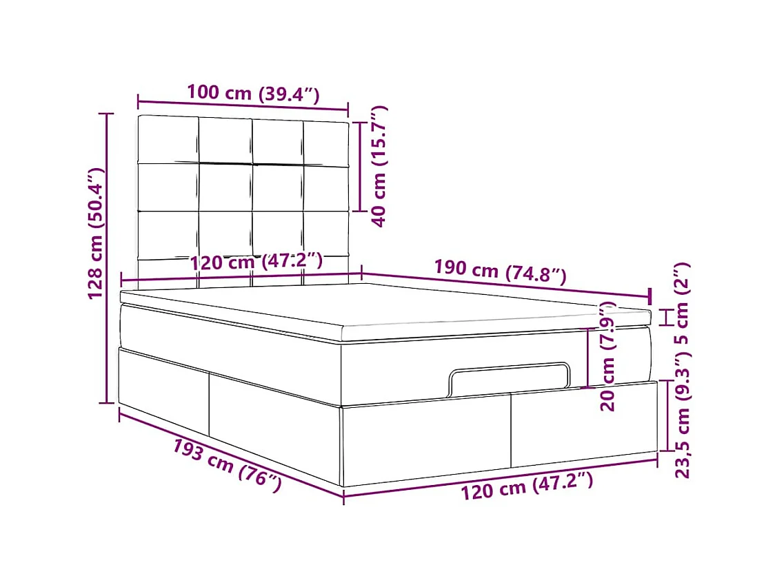 Cadre de lit ottoman avec matelas gris clair 120x190 cm tissu