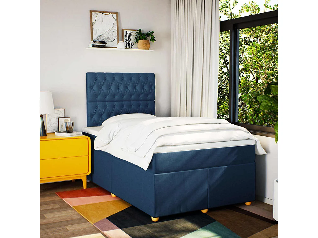 Cama box spring con colchón tela azul 120x200 cm
