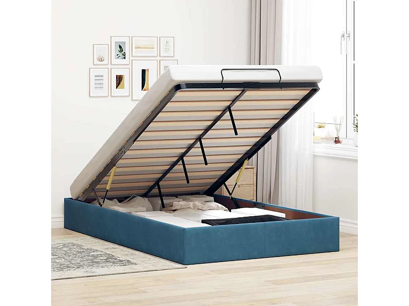 Ottoman Bed Frame No Colchão Azul Escuro 120x190 cm Veludo