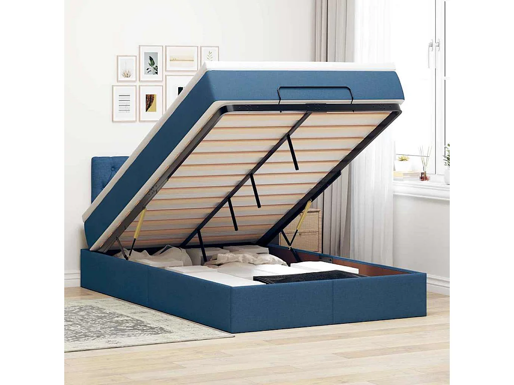 Ottomane Bett mit Matratze & LEDs Blau 120x200 cm Stoff