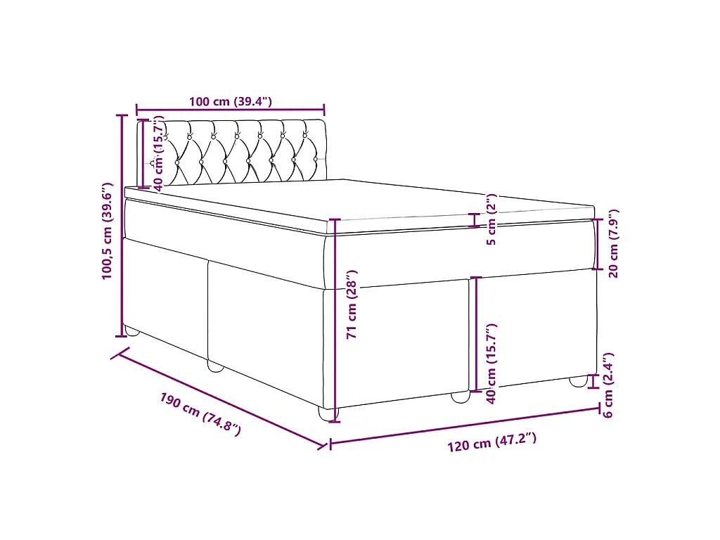 Cama box spring con colchón tela negro 120x190 cm