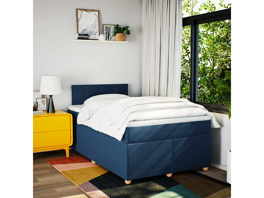 Cama box spring con colchón tela azul 120x200 cm