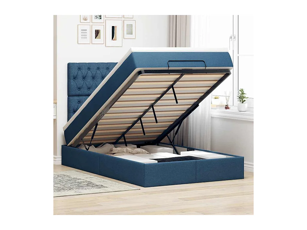 Cadre de lit ottoman avec matelas bleu 120x200 cm tissu