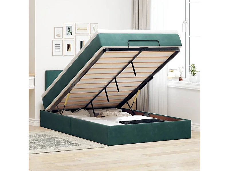 Cadre de lit ottoman avec matelas vert foncé 120x200 cm velours