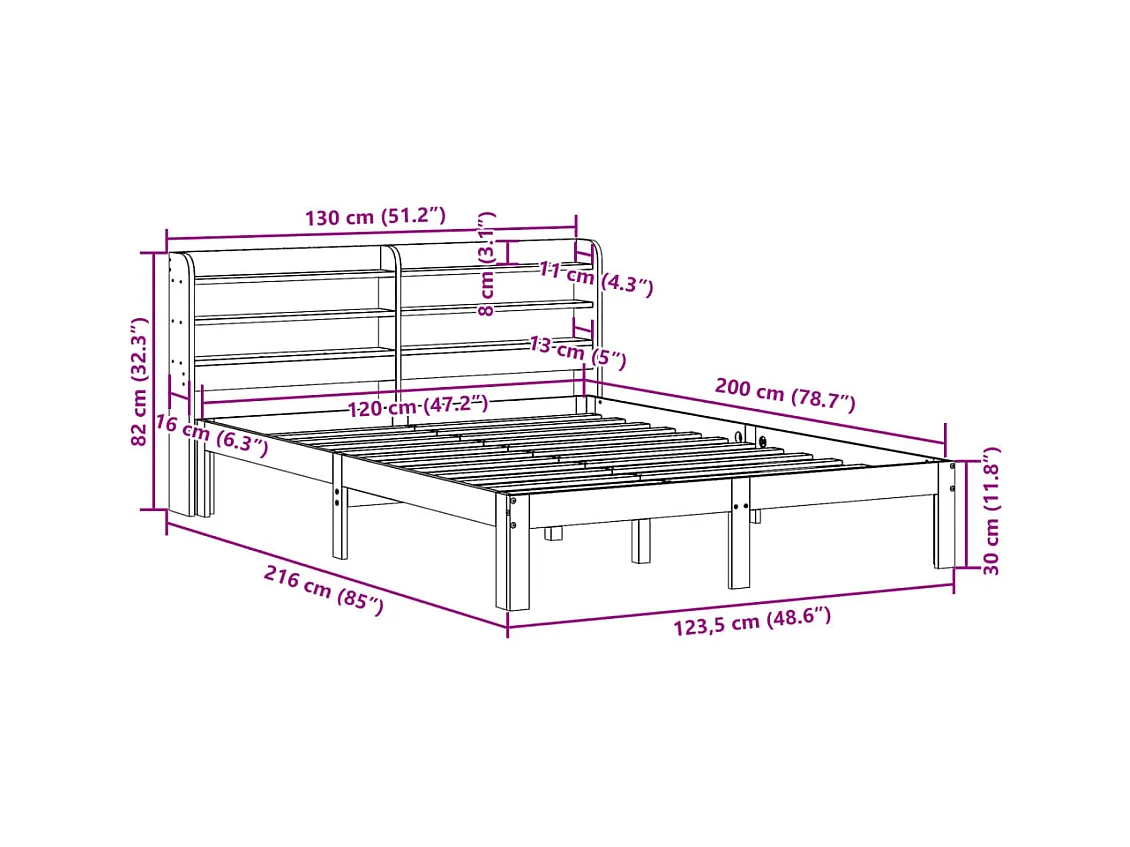 Cadre de lit sans matelas cire marron 120x200cm bois pin massif