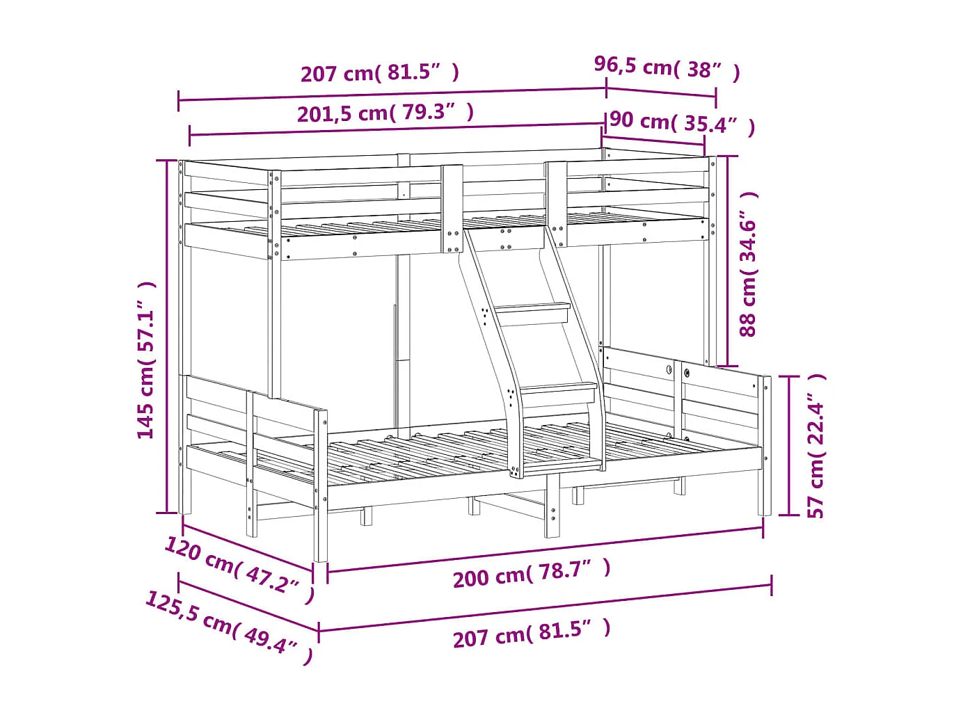 Lit superposé sans matelas 90x200/120x200 cm bois massif