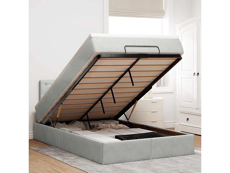 Ottomane Bett mit Matratze & LEDs Hellgrau 120x190 cm Samt