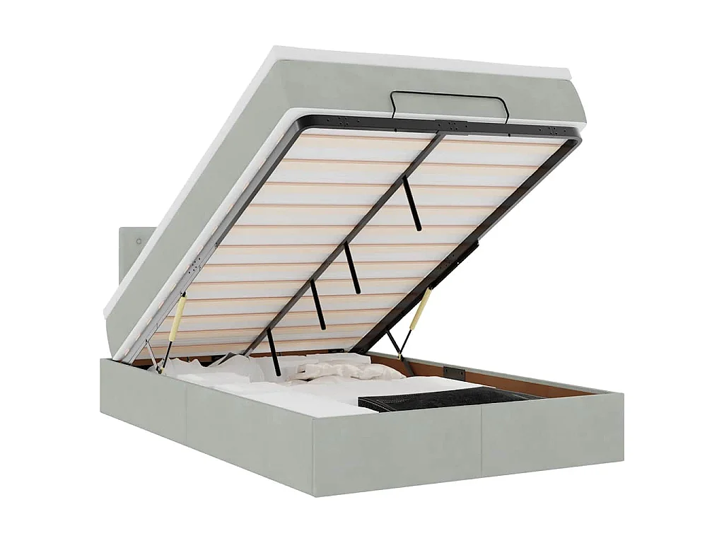 Cama otomana con colchón y LED terciopelo gris claro 120x190 cm