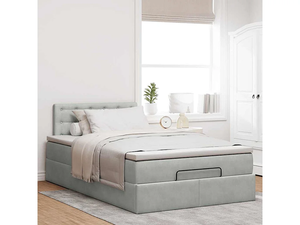 Cama otomana con colchón y LED terciopelo gris claro 120x190 cm