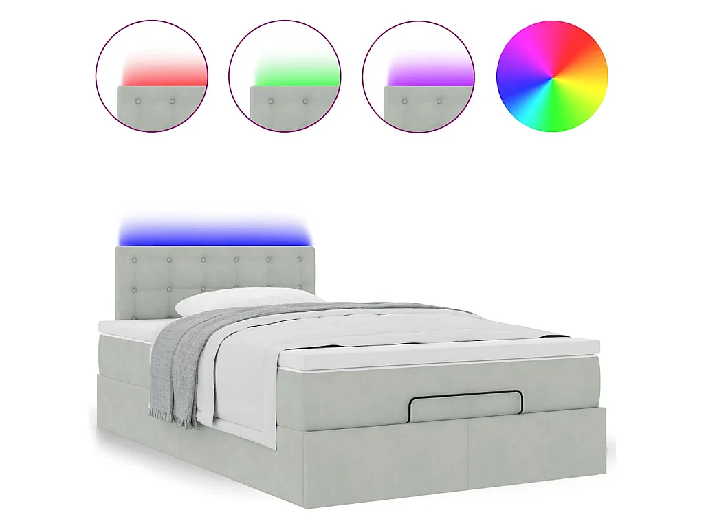Cama otomana con colchón y LED terciopelo gris claro 120x190 cm