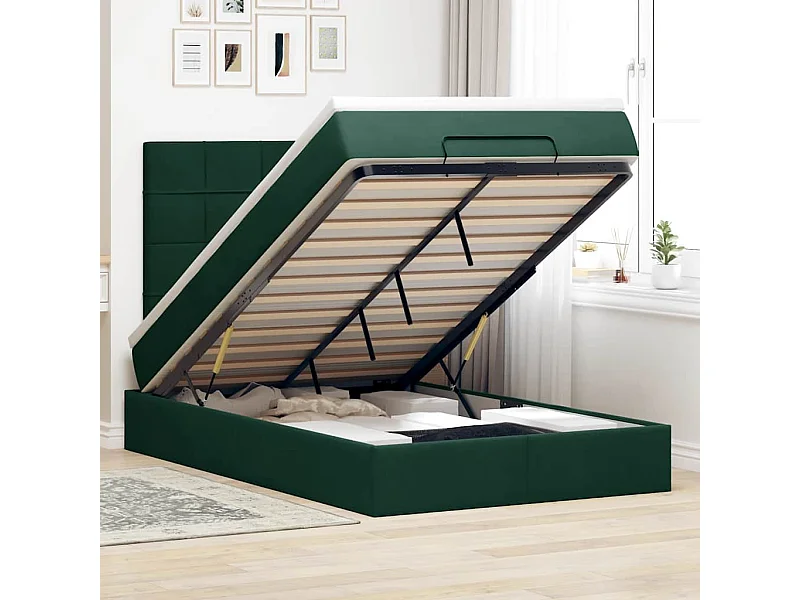 Cadre de lit ottoman avec matelas vert foncé 120x200 cm velours