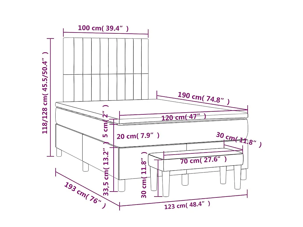 Cama box spring con colchón tela azul 120x190 cm