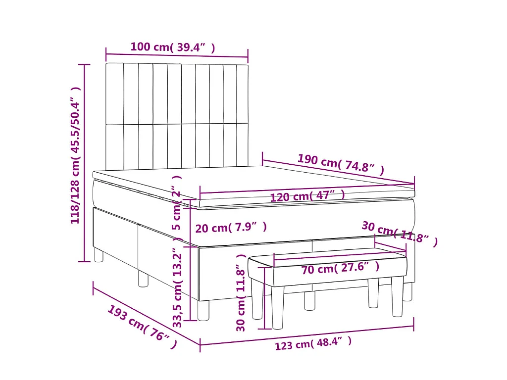 Cama box spring con colchón tela azul 120x190 cm