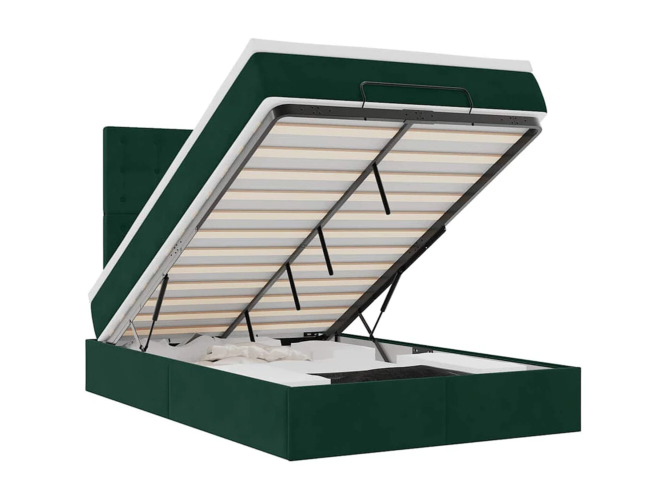 Estructura cama otomana colchones terciopelo verde oscuro