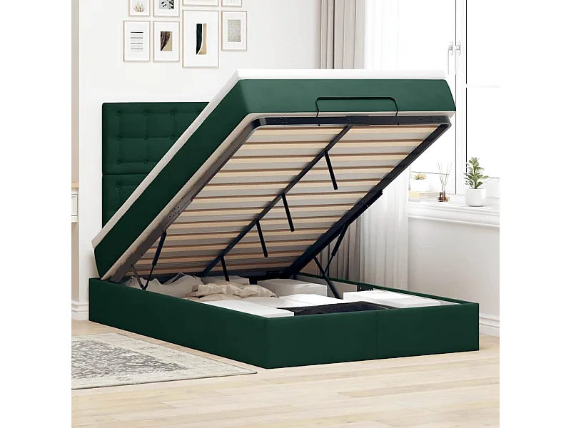 Cadre de lit ottoman avec matelas vert foncé 120x200 cm velours