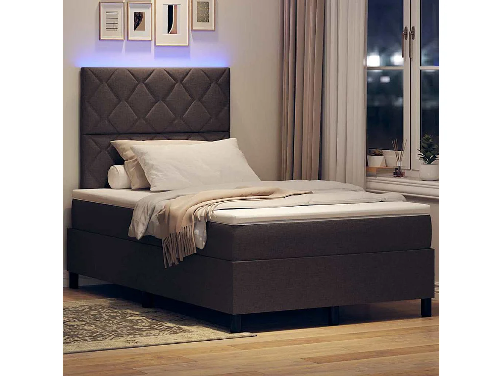 Lit à ressorts avec bandes LED Marron foncé 120 x 200 cm tissu