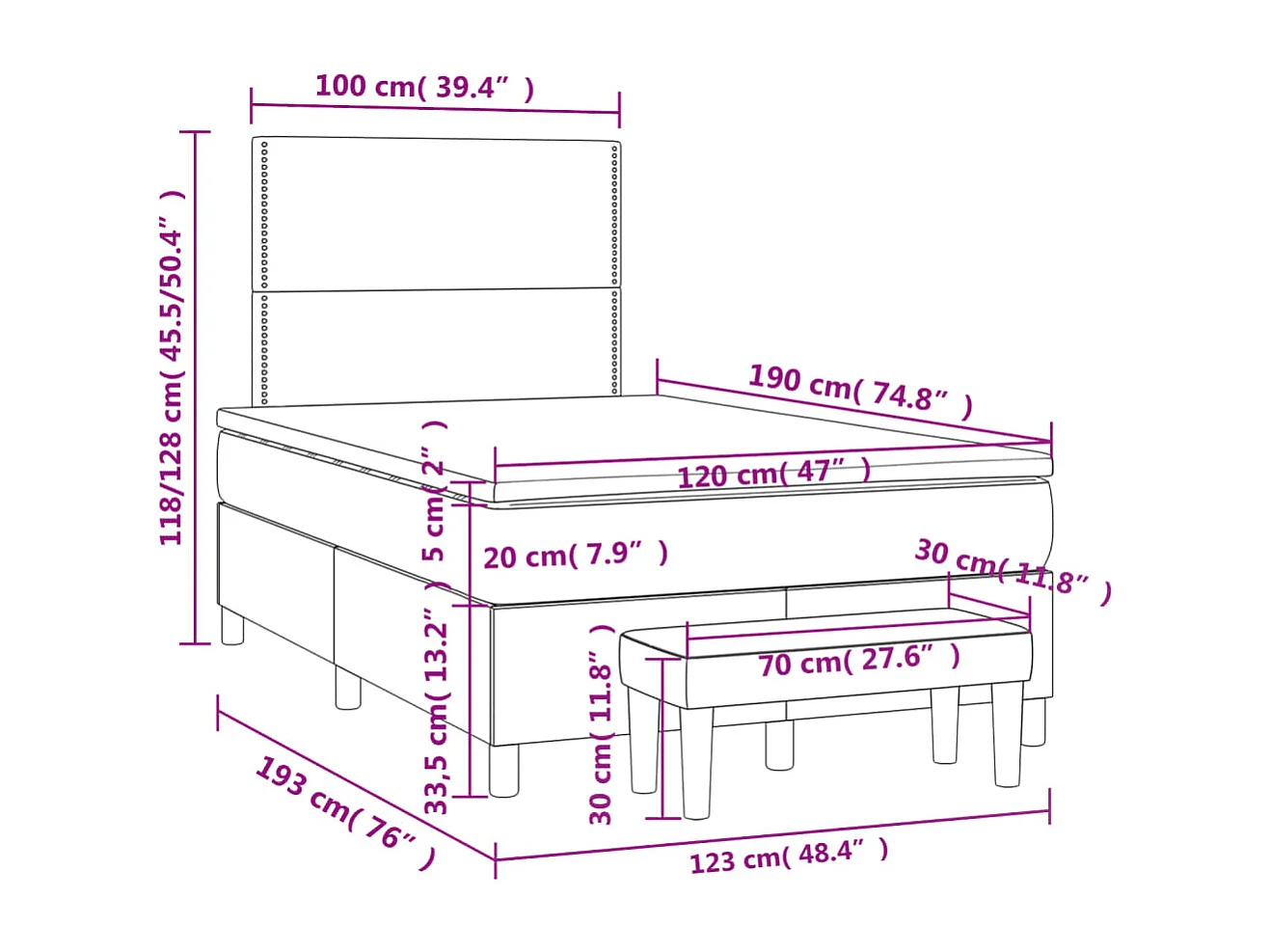 Giroletto a Molle con Materasso Blu Scuro 120x190 cm in Velluto