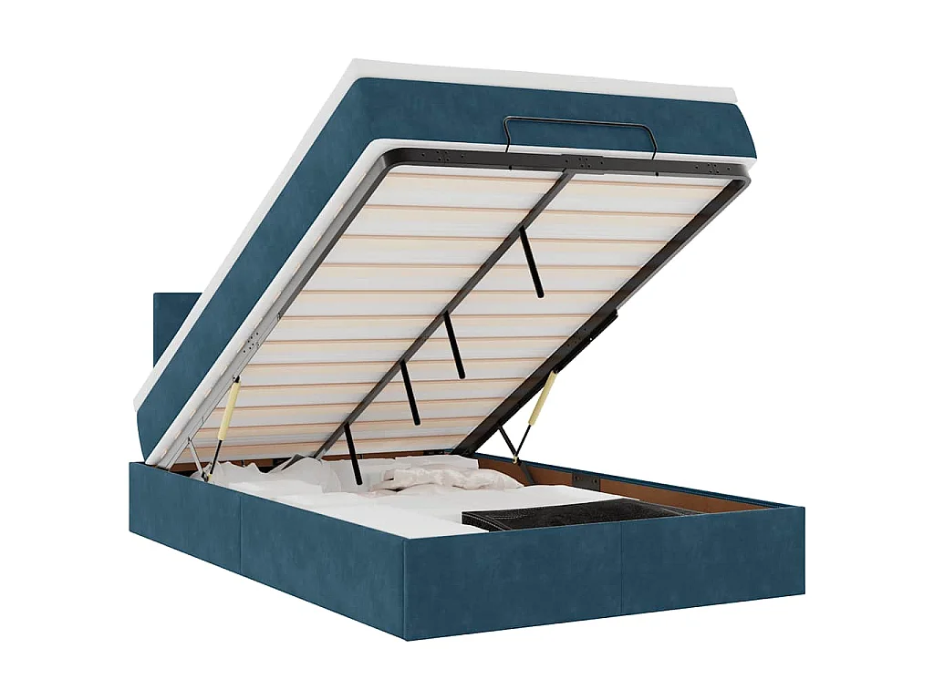 Estructura de cama otomana colchón terciopelo azul oscuro