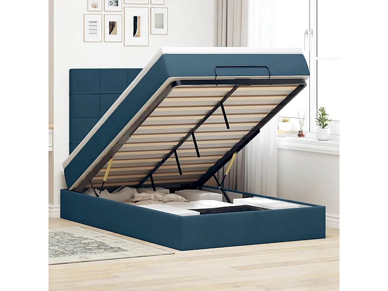 Estructura de cama otomana colchones terciopelo azul oscuro