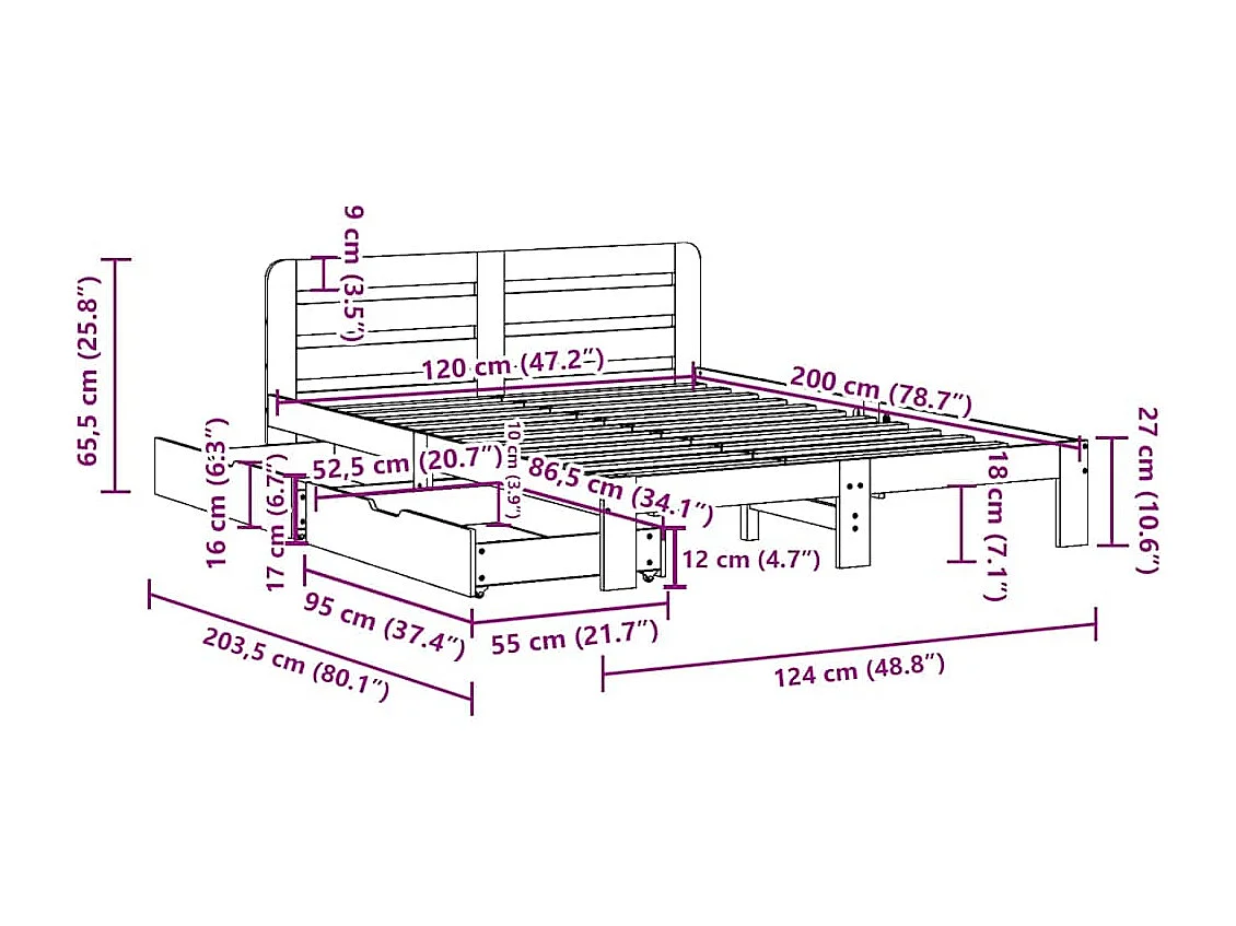 Cadre de lit sans matelas cire marron 120x200cm bois pin massif