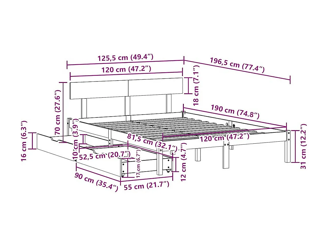 Bedframe zonder matras massief grenenhout 120x190 cm