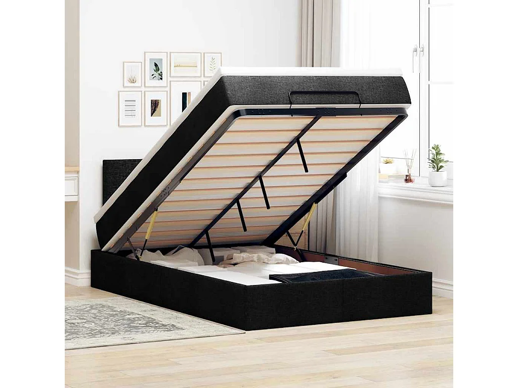 Pouf Letto con Materasso Nero 120x200 cm in Tessuto