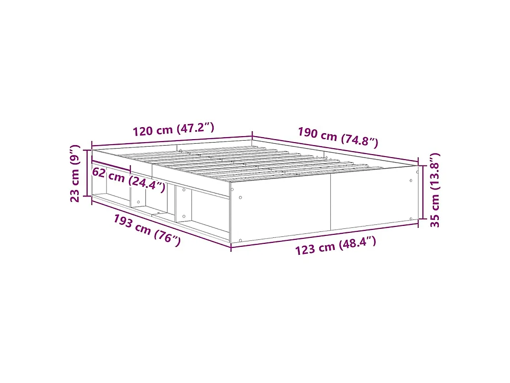 Cadre de lit sans matelas chêne artisanal 120x190 cm