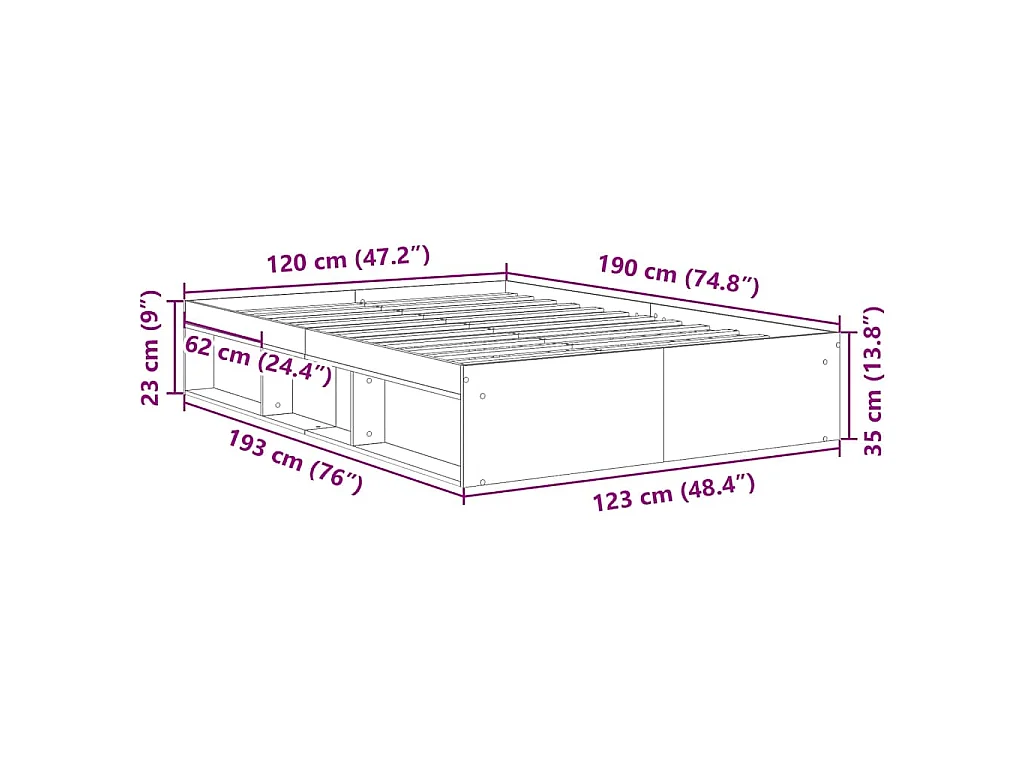 Cadre de lit sans matelas chêne artisanal 120x190 cm