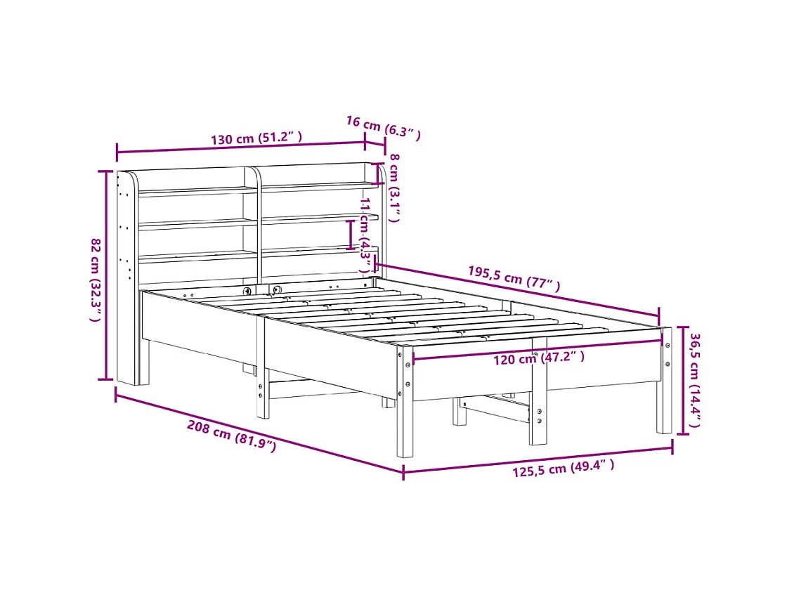Cadre de lit sans matelas cire marron 120x190cm bois pin massif