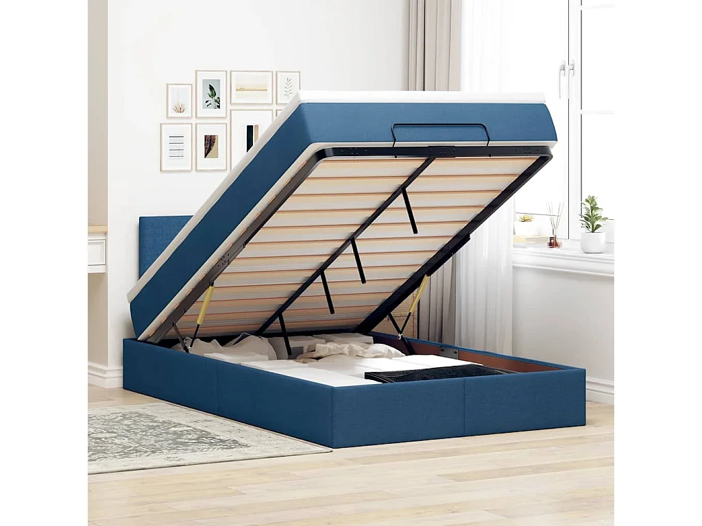 Ottomane Bett mit Matratze & LEDs Blau 120x200 cm Stoff