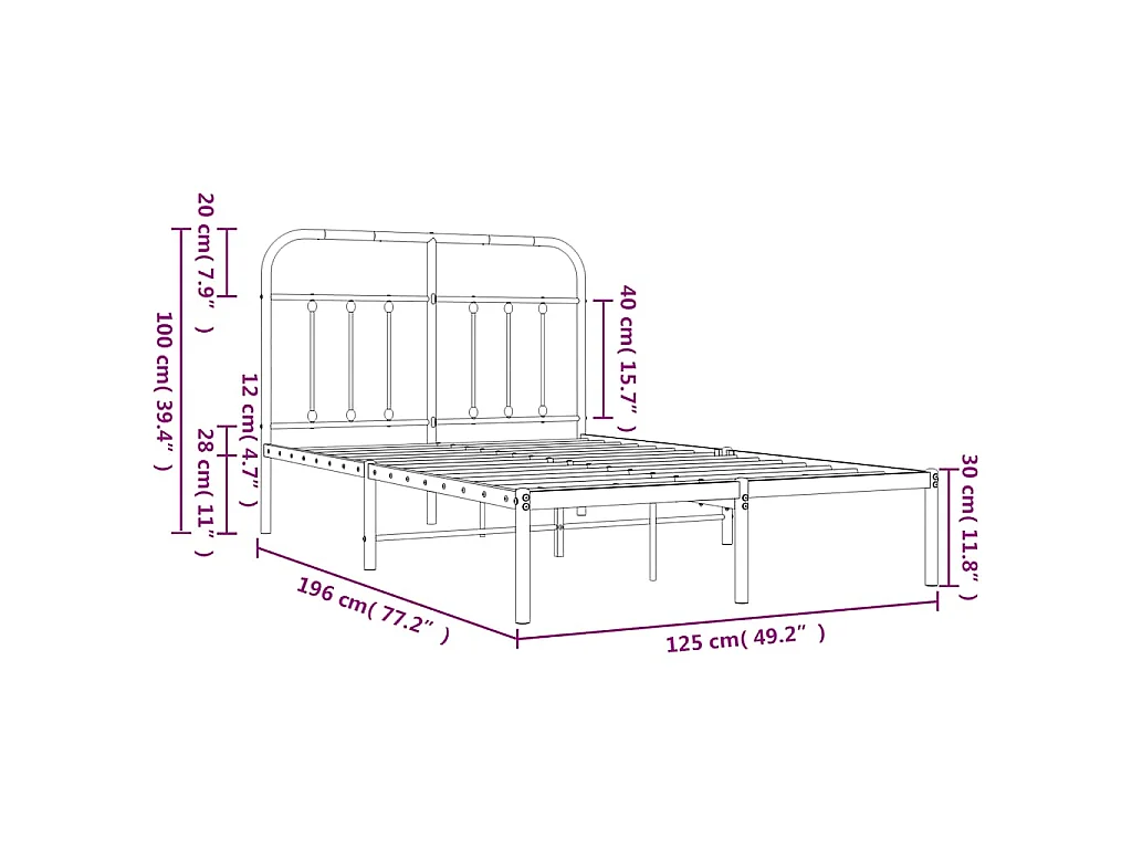 Cadre de lit métal sans matelas et tête de lit blanc 120x190 cm