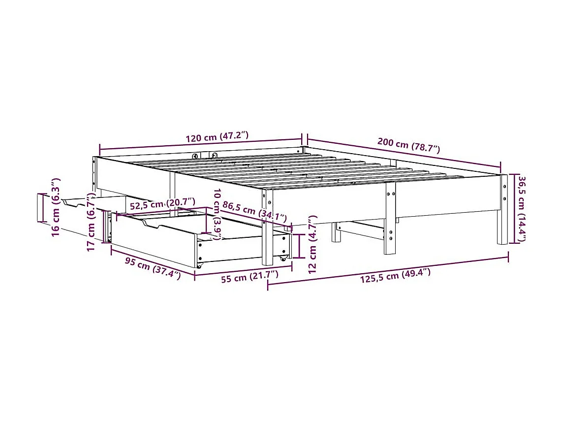 Cadre de lit sans matelas cire marron 120x200cm bois pin massif