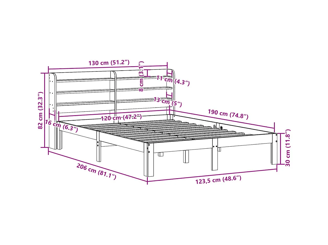 Cadre de lit sans matelas cire marron 120x190cm bois pin massif